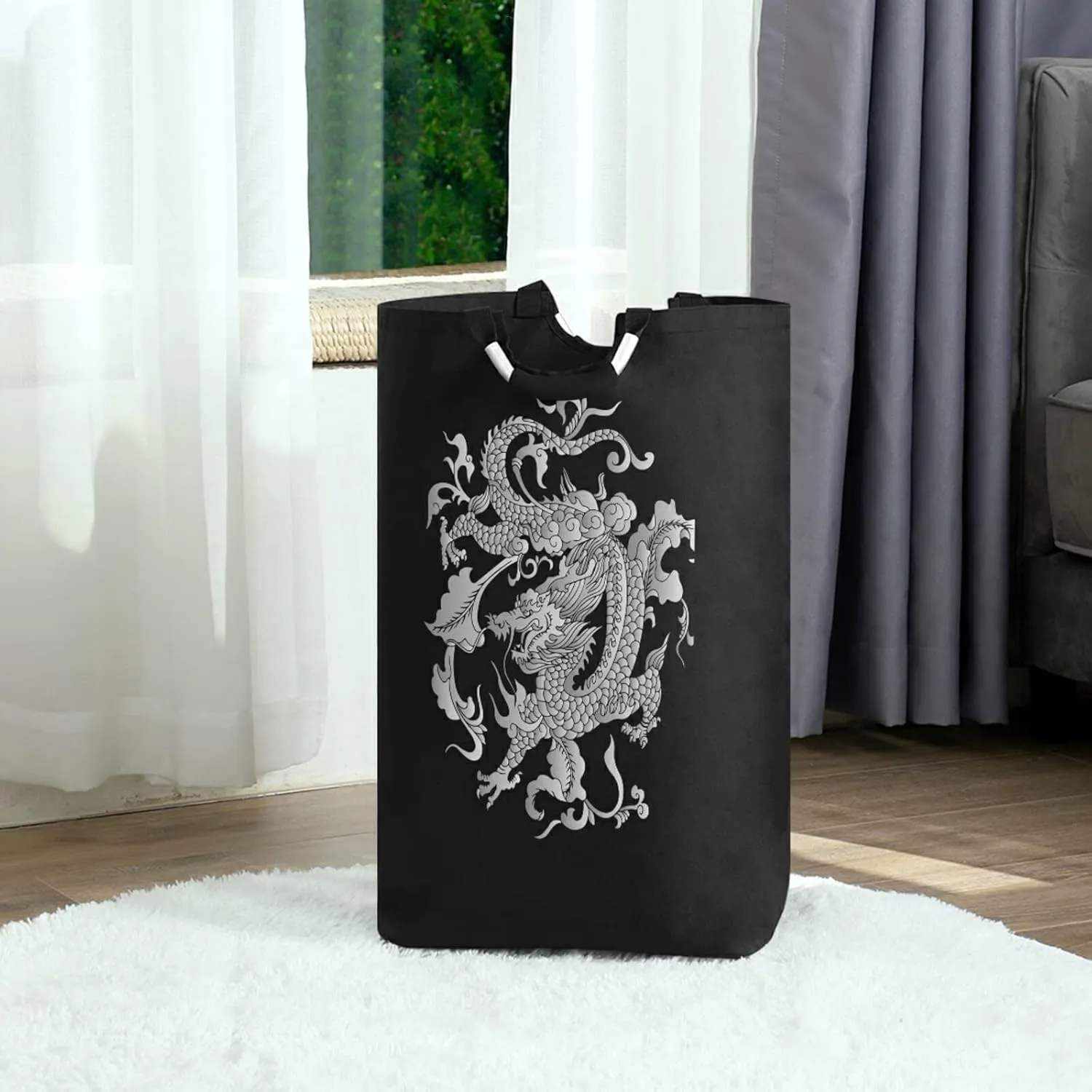 Oyihfvs Traditional Chinese Silver Grey Dragon on Black Dark Laundry Hamper Basket Bucket, Foldable Dirty Clothes Bag, Waterproof Fabric Washing Bin, Toy Storage with Handles for Bathroom