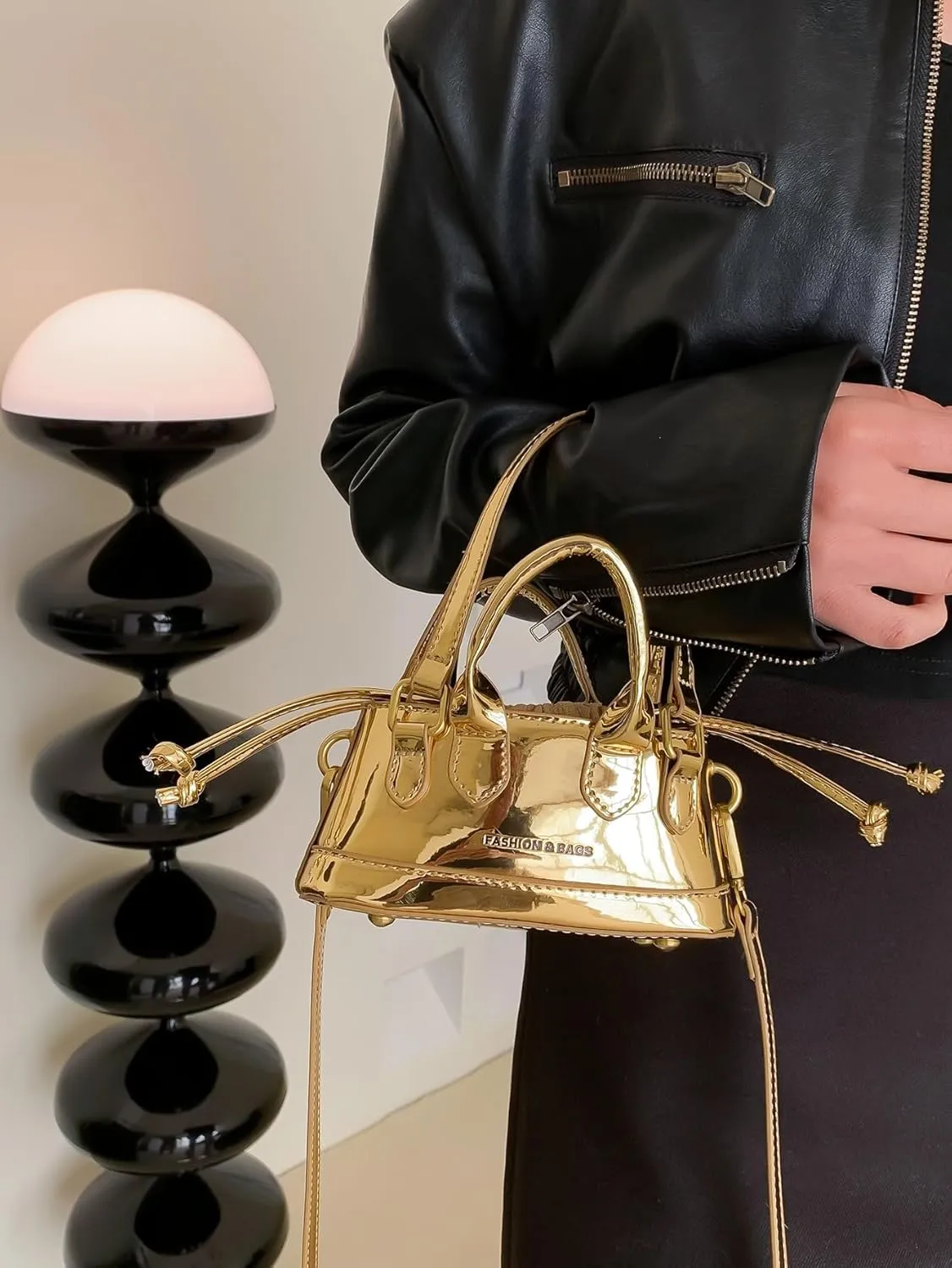 OYOANGLE Women's Metallic Letter Print Drawstring Bucket Bag Double Handle Crossbody Shoulder Handbags