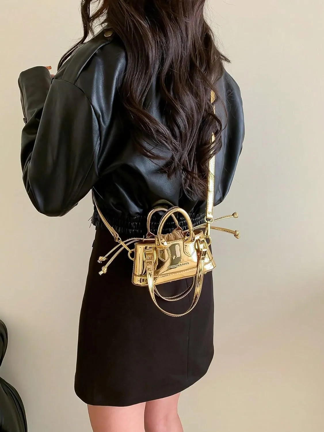 OYOANGLE Women's Metallic Letter Print Drawstring Bucket Bag Double Handle Crossbody Shoulder Handbags