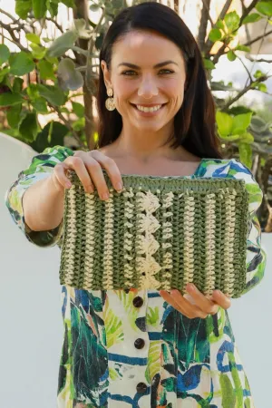 Paisley the Label Green and Cream Macramé Raffia Clutch