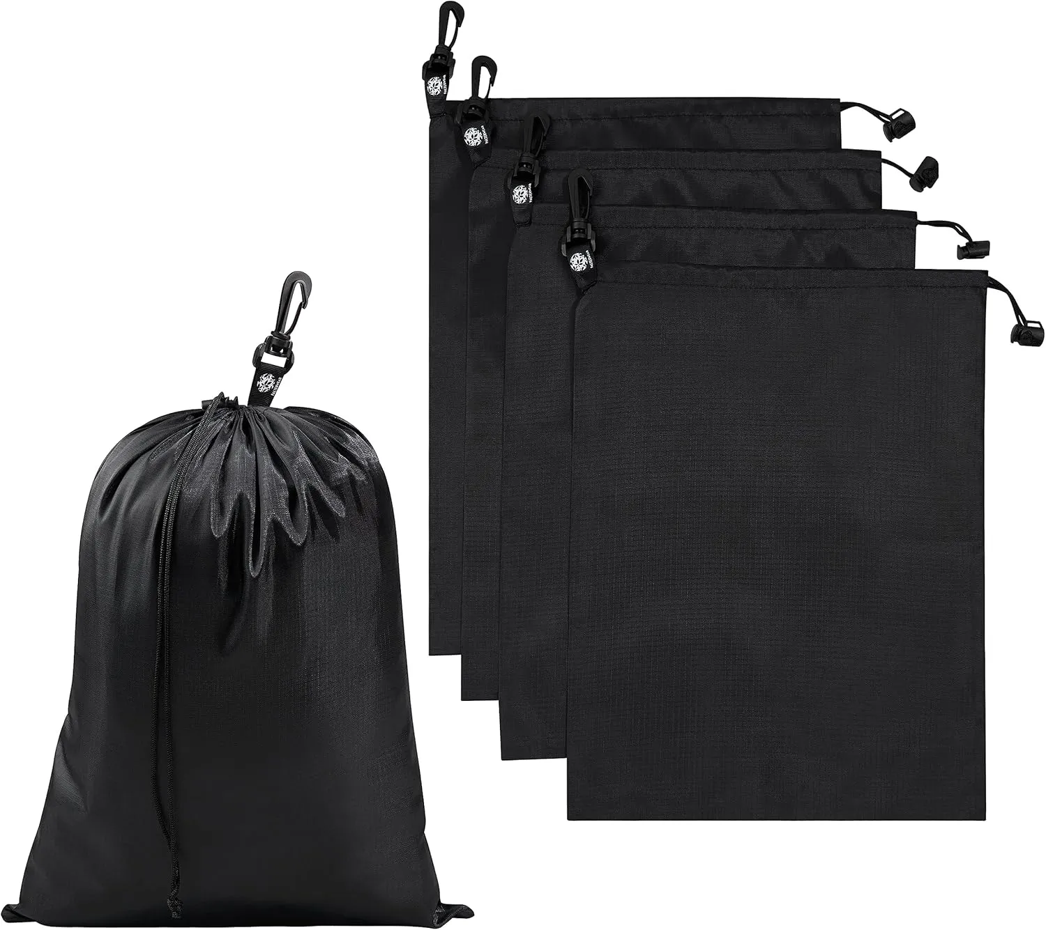 PALTERWEAR Drawstring Bag - Cinch and Ditty Pouch with Clip for Travel, Wardrobe, Outdoors - Set of 5 (Black, 12 x 16 inch)