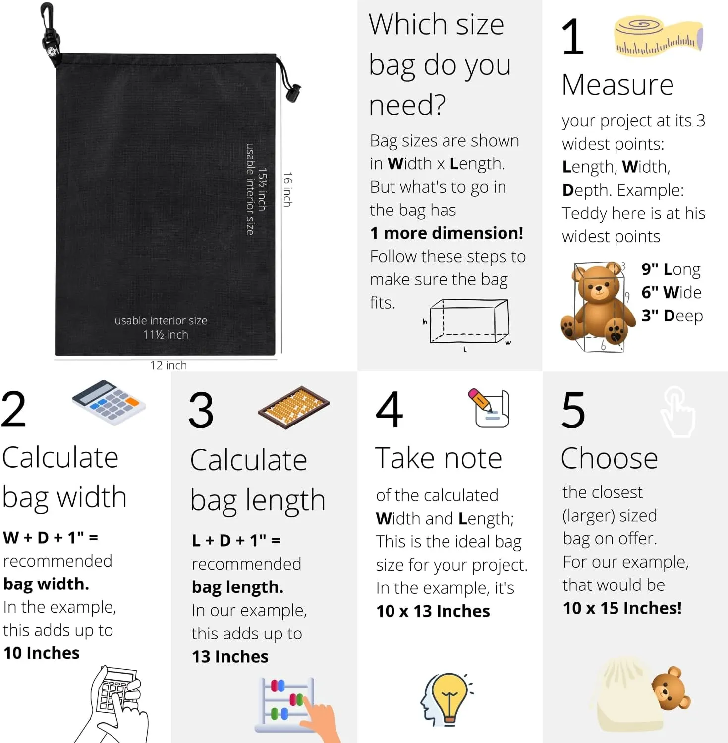 PALTERWEAR Drawstring Bag - Cinch and Ditty Pouch with Clip for Travel, Wardrobe, Outdoors - Set of 5 (Black, 12 x 16 inch)