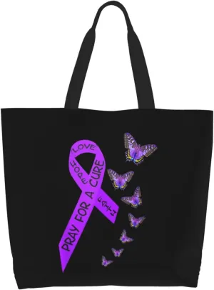 Pancreatic Cancer Awareness Butterfly Religious Canvas Tote Bags for Women, Ladies Shoulder Handbags Large Purse Lightweight Foldable Reusable Shopping Bag with Pockets for Work, Travel, 15.7x19.7in