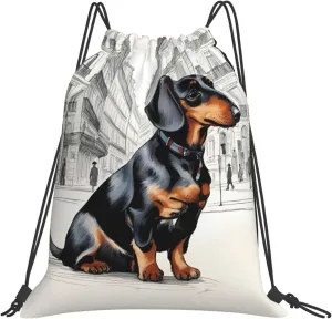 Parisian Dachshund print Casual drawstring backpack fitness bag, fashionable, fit for sports travel and daily use