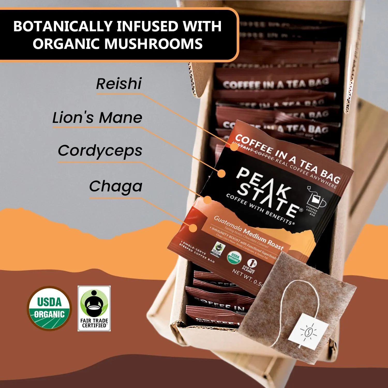 Peak State Immunity Boost Coffee with Benefits, Medium Roast – Mushroom Coffee, Low Acid & Smooth, Dark Chocolate & Sweet Grape, Organic Whole Bean Coffee, Gluten Free, 10 Single Serve Brew Bags