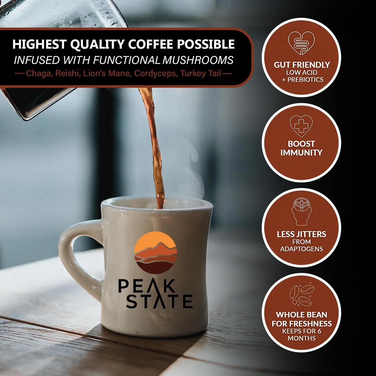 Peak State Immunity Boost Coffee with Benefits, Medium Roast – Mushroom Coffee, Low Acid & Smooth, Dark Chocolate & Sweet Grape, Organic Whole Bean Coffee, Gluten Free, 10 Single Serve Brew Bags