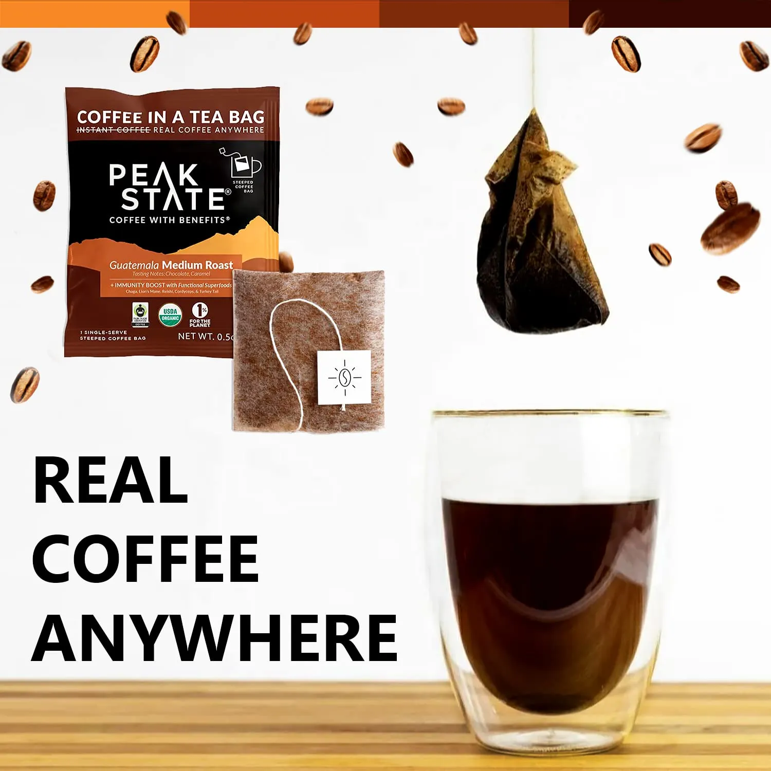 Peak State Immunity Boost Coffee with Benefits, Medium Roast – Mushroom Coffee, Low Acid & Smooth, Dark Chocolate & Sweet Grape, Organic Whole Bean Coffee, Gluten Free, 10 Single Serve Brew Bags
