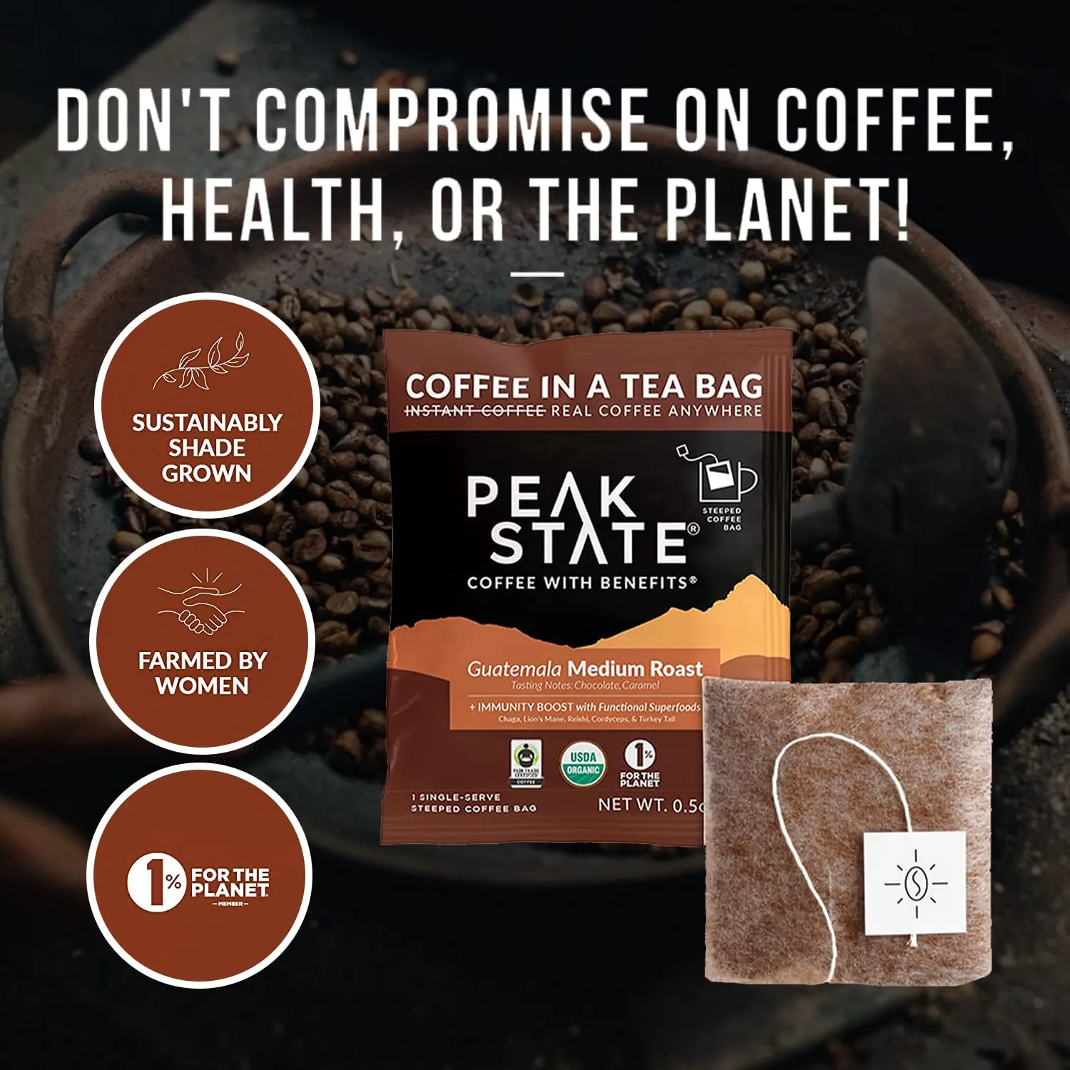 Peak State Immunity Boost Coffee with Benefits, Medium Roast – Mushroom Coffee, Low Acid & Smooth, Dark Chocolate & Sweet Grape, Organic Whole Bean Coffee, Gluten Free, 10 Single Serve Brew Bags