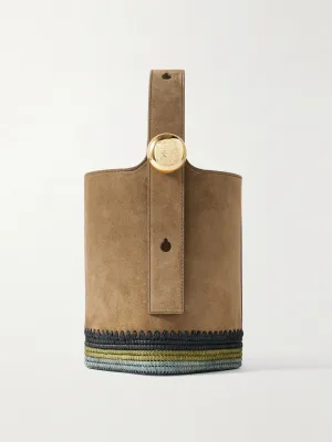 Pebble mini striped raffia-trimmed suede tote
