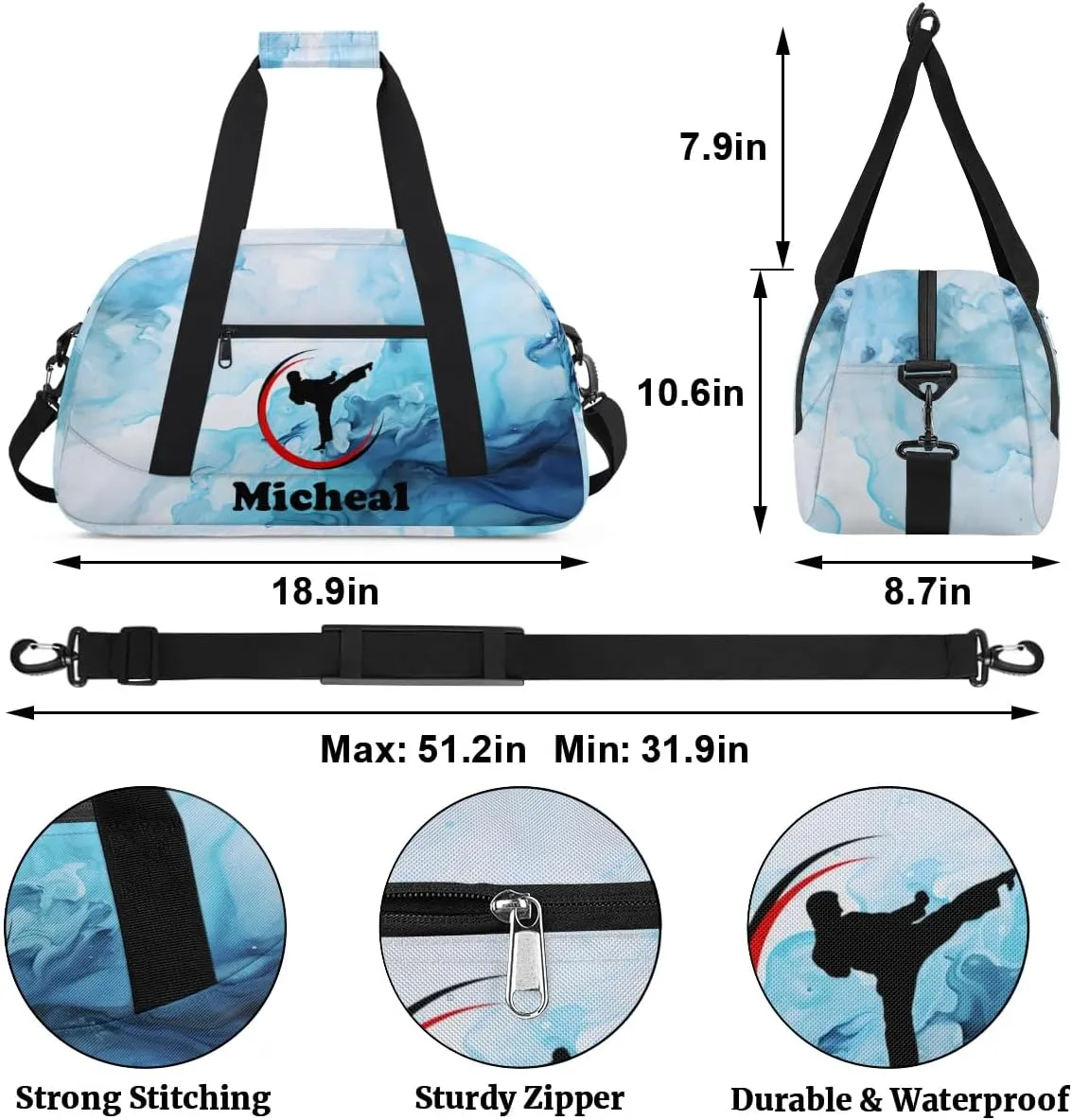 Personalized Martial Art Bag Duffel Bag for Girls, Custom Taekwondo Karate Bag Overnight Bags for Travel Weekender Practice Traning