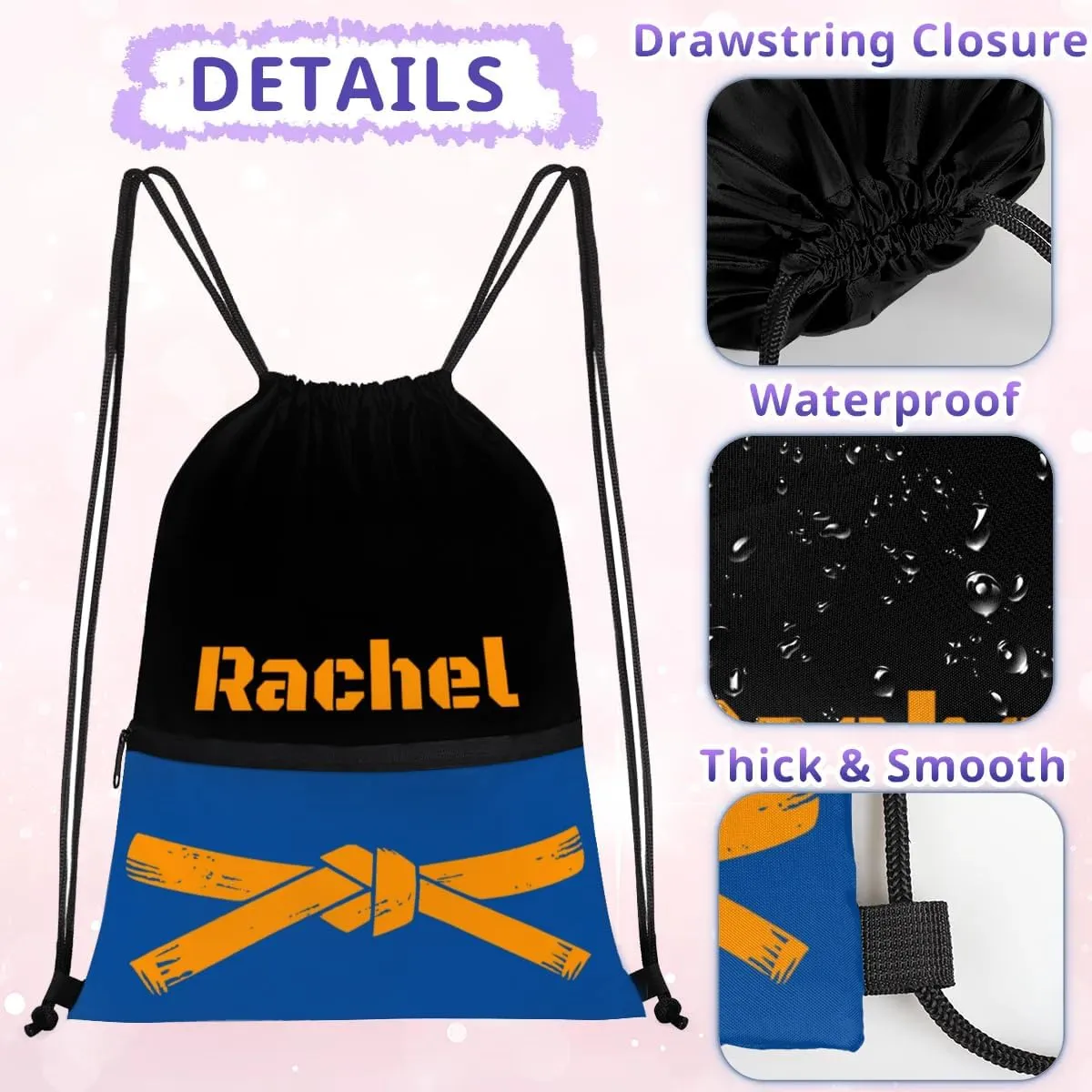 Personalized Martial Art Drawstring Bags Drawstring Backpack for Kids, Taekwondo Karate Drawstring Bags for Boys Girls Belt Orange