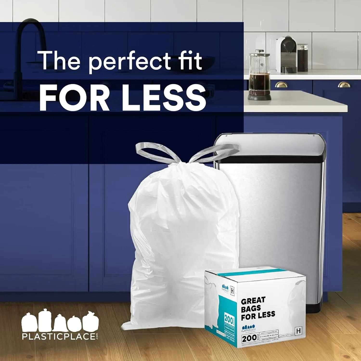 Plasticplace Custom Fit Trash Bags, Compatible with simplehuman Code F (200 Count) White Drawstring Garbage Liners 6.5 Gallon, 21.75" x 20"