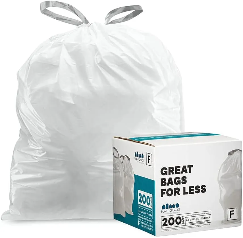 Plasticplace Custom Fit Trash Bags, Compatible with simplehuman Code F (200 Count) White Drawstring Garbage Liners 6.5 Gallon, 21.75" x 20"