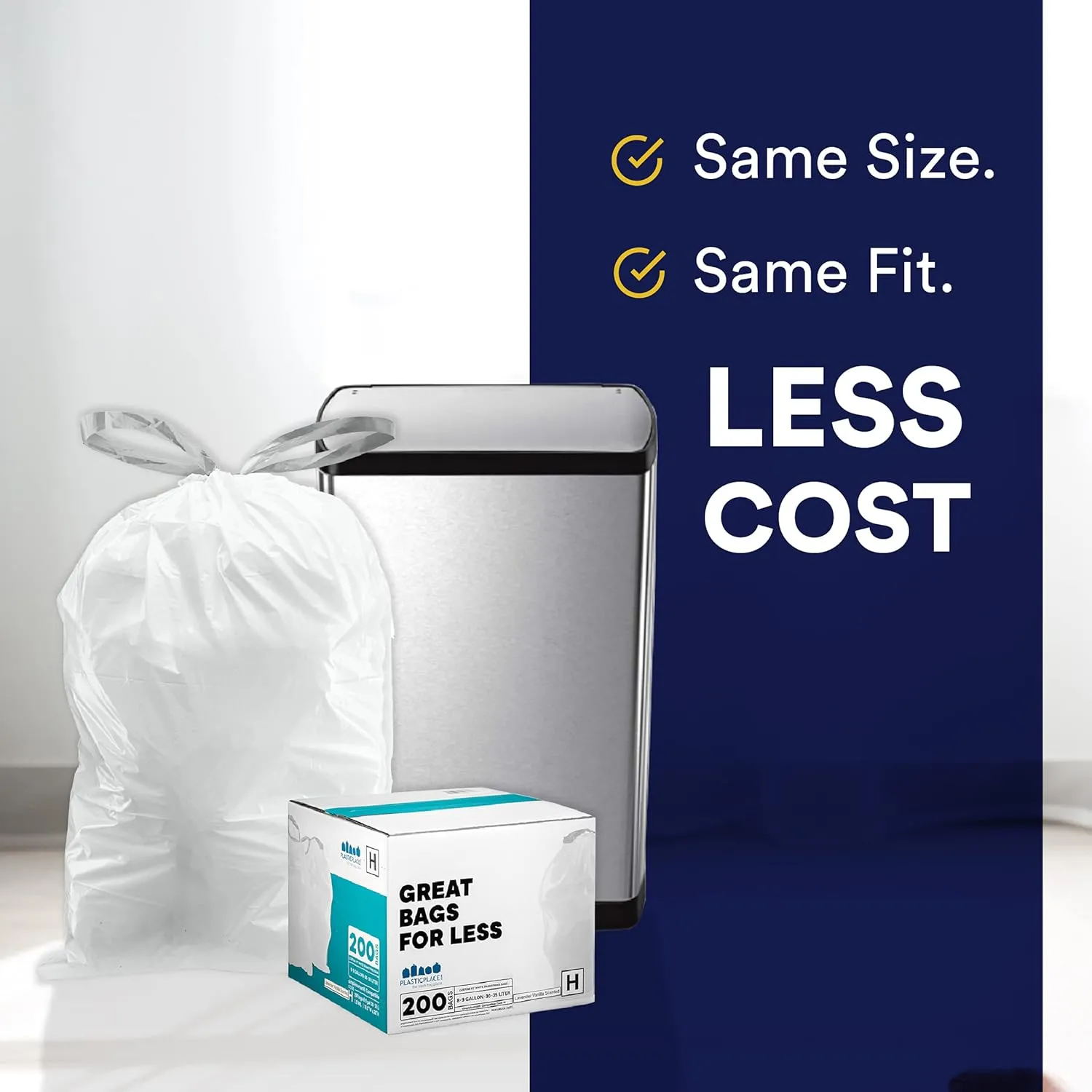 Plasticplace Custom Fit Trash Bags, Compatible with simplehuman Code F (200 Count) White Drawstring Garbage Liners 6.5 Gallon, 21.75" x 20"