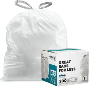 Plasticplace Custom Fit Trash Bags, Compatible with simplehuman Code F (200 Count) White Drawstring Garbage Liners 6.5 Gallon, 21.75" x 20"