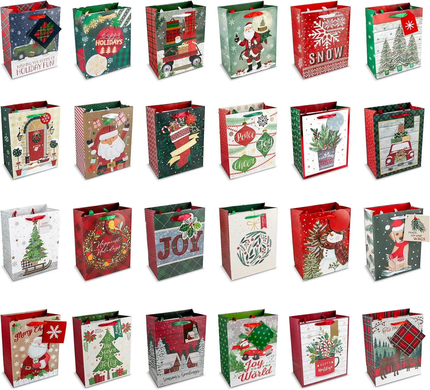 Plum Designs Foil Stamped Medium Gift Bags - 24 Holiday Bags with Christmas Tissue Paper, Ribbon Handles and Gift Tags
