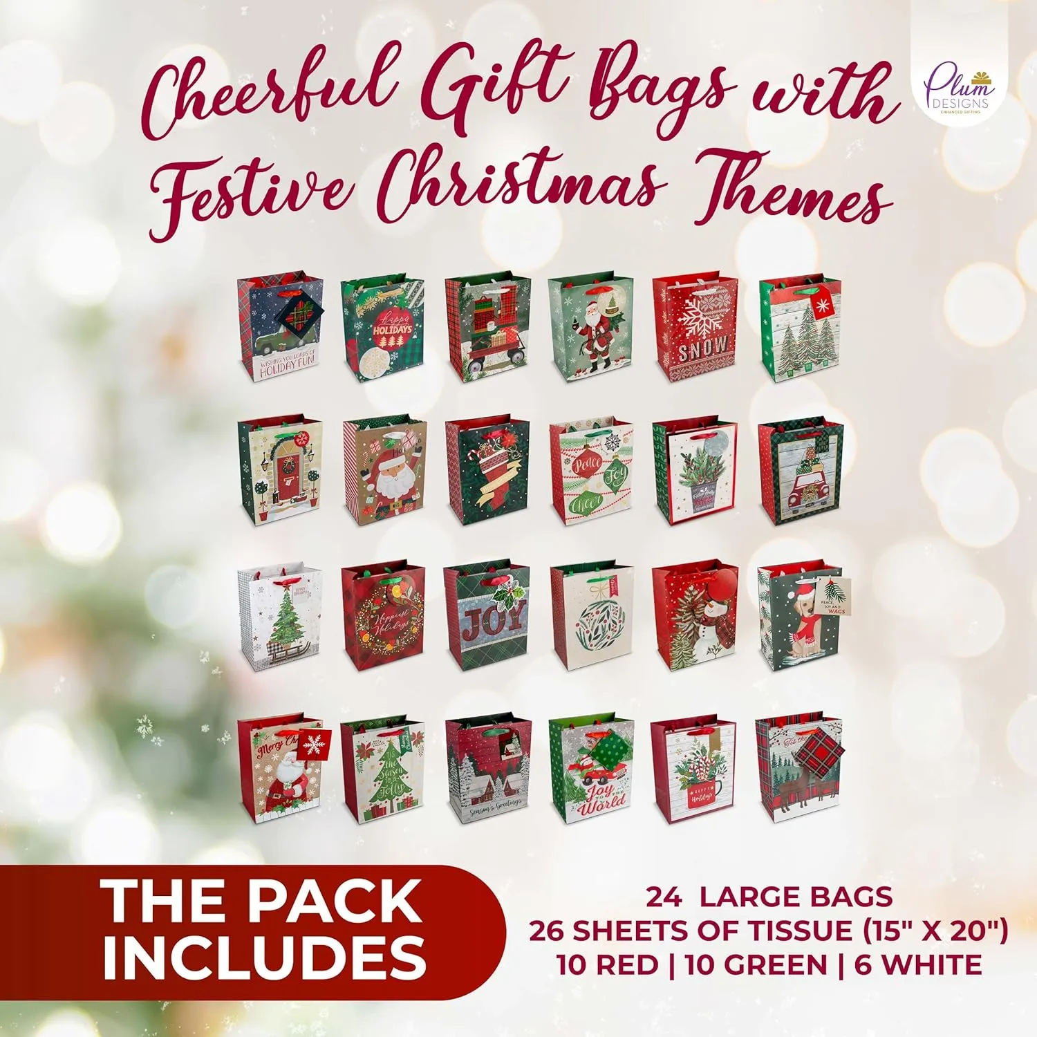 Plum Designs Foil Stamped Medium Gift Bags - 24 Holiday Bags with Christmas Tissue Paper, Ribbon Handles and Gift Tags
