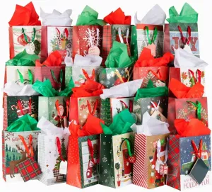 Plum Designs Foil Stamped Medium Gift Bags - 24 Holiday Bags with Christmas Tissue Paper, Ribbon Handles and Gift Tags