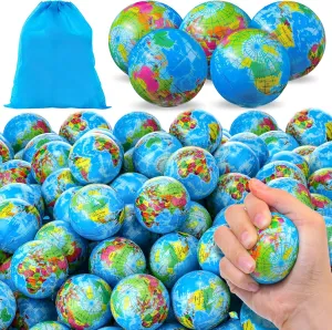Poen 200 Pcs Globe Squeeze Balls, 2 Inch Mini World Earth Stress Balls Bulk Educational Relief Foam Squeeze Ball with Blue Drawstring Bag for Finger Exercise School Reward Party Gift