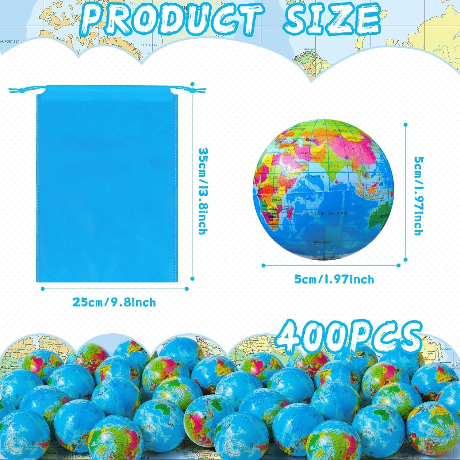 Poen 200 Pcs Globe Squeeze Balls, 2 Inch Mini World Earth Stress Balls Bulk Educational Relief Foam Squeeze Ball with Blue Drawstring Bag for Finger Exercise School Reward Party Gift