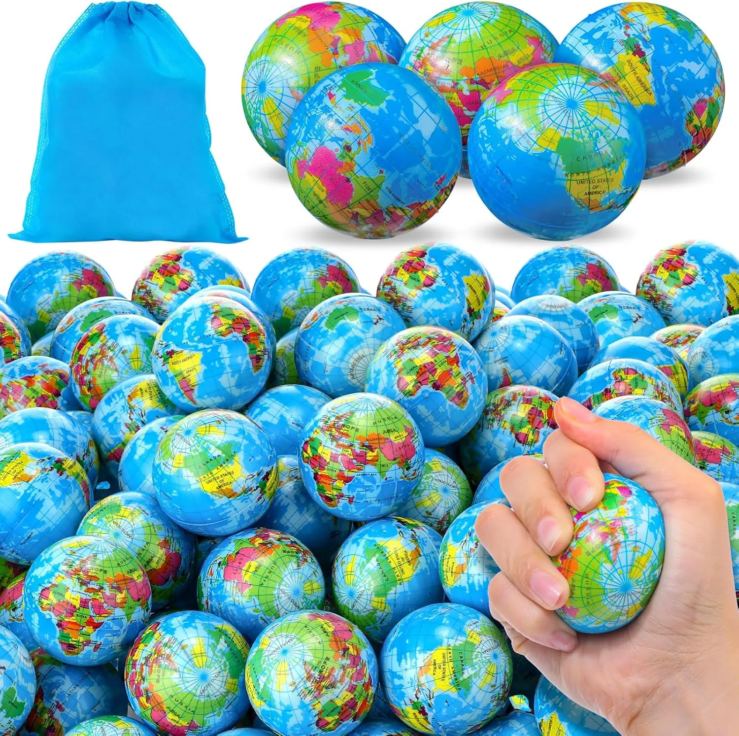 Poen 200 Pcs Globe Squeeze Balls, 2 Inch Mini World Earth Stress Balls Bulk Educational Relief Foam Squeeze Ball with Blue Drawstring Bag for Finger Exercise School Reward Party Gift