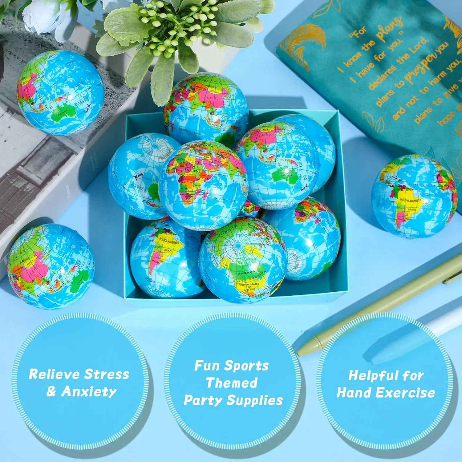 Poen 200 Pcs Globe Squeeze Balls, 2 Inch Mini World Earth Stress Balls Bulk Educational Relief Foam Squeeze Ball with Blue Drawstring Bag for Finger Exercise School Reward Party Gift