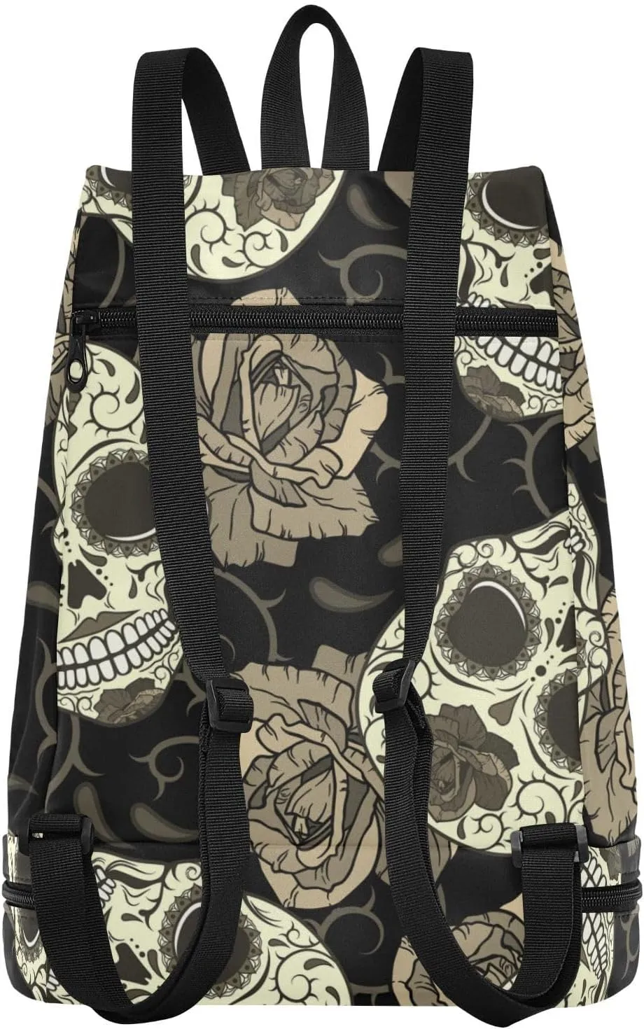 Poeticcity Gym Swimming Drawstring Bags Daypacks Backpack Purse Casual Knapsack Shoulder Bag Sitting Rucksack Retro Seamless Gothic Sugar Skulls with Roses, Roses Thorns