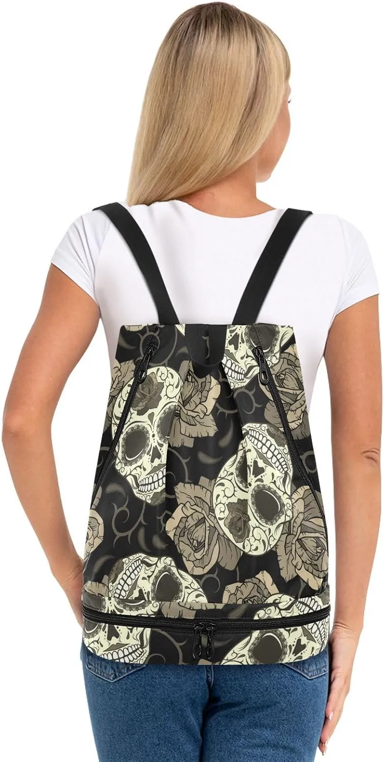 Poeticcity Gym Swimming Drawstring Bags Daypacks Backpack Purse Casual Knapsack Shoulder Bag Sitting Rucksack Retro Seamless Gothic Sugar Skulls with Roses, Roses Thorns