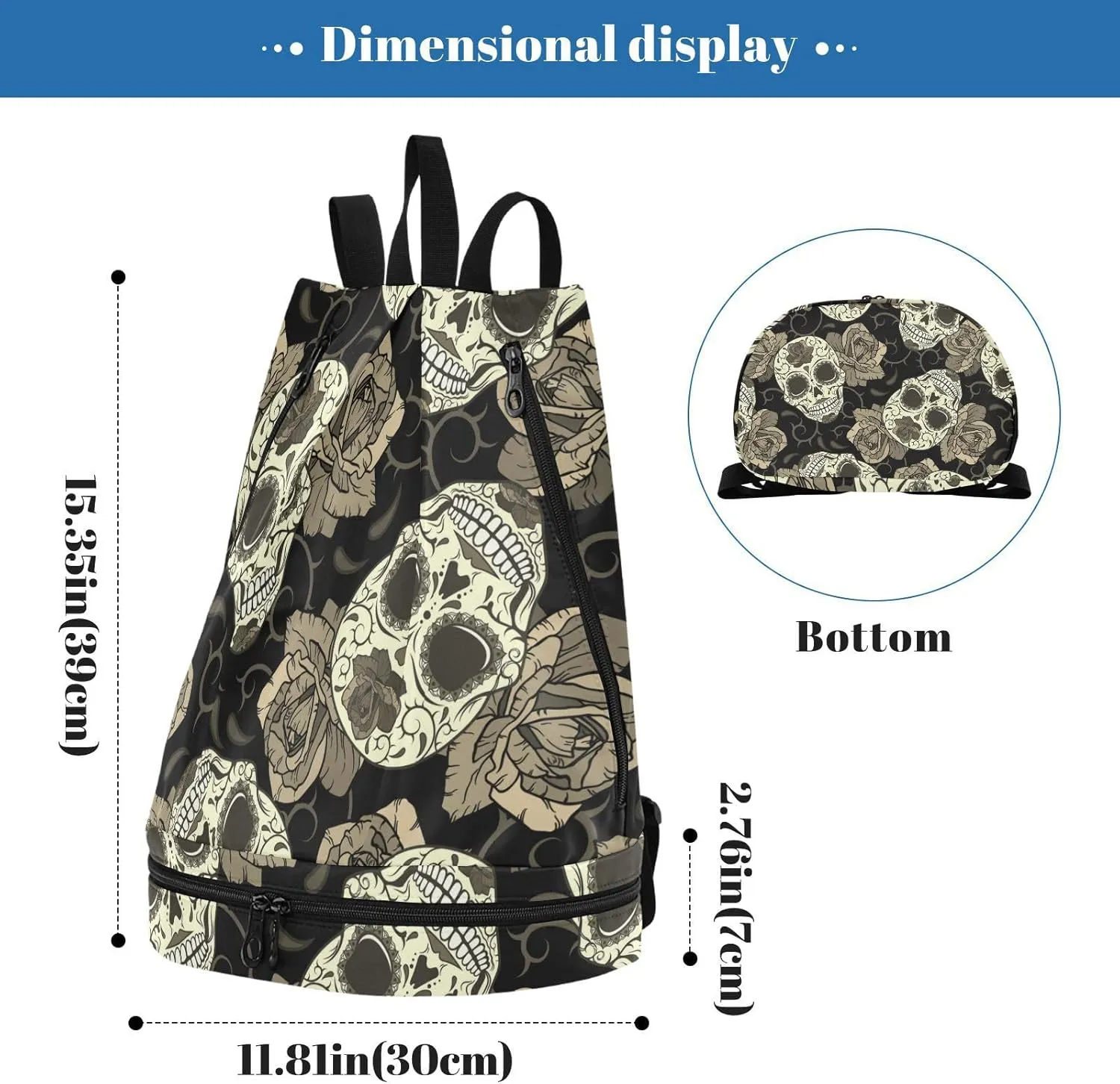 Poeticcity Gym Swimming Drawstring Bags Daypacks Backpack Purse Casual Knapsack Shoulder Bag Sitting Rucksack Retro Seamless Gothic Sugar Skulls with Roses, Roses Thorns