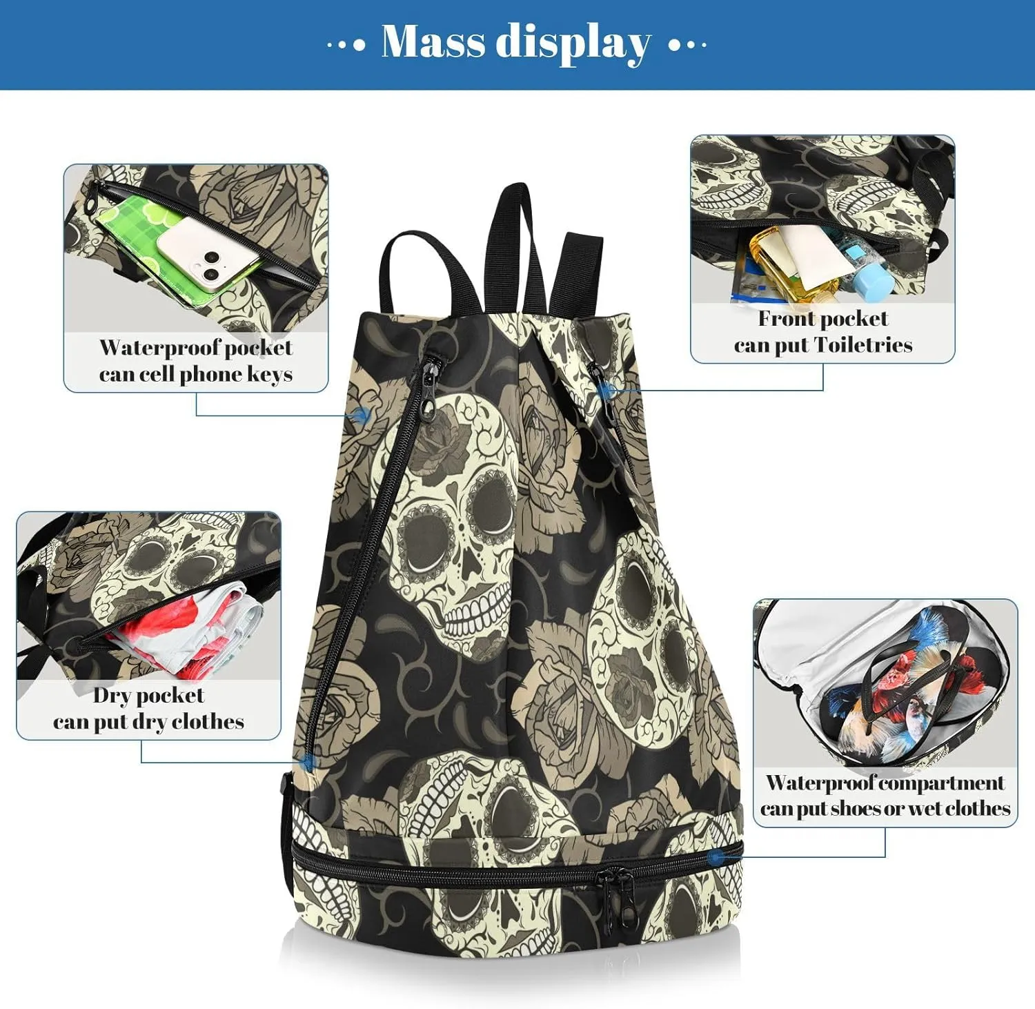 Poeticcity Gym Swimming Drawstring Bags Daypacks Backpack Purse Casual Knapsack Shoulder Bag Sitting Rucksack Retro Seamless Gothic Sugar Skulls with Roses, Roses Thorns