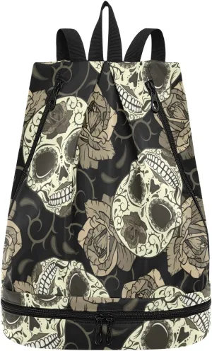 Poeticcity Gym Swimming Drawstring Bags Daypacks Backpack Purse Casual Knapsack Shoulder Bag Sitting Rucksack Retro Seamless Gothic Sugar Skulls with Roses, Roses Thorns