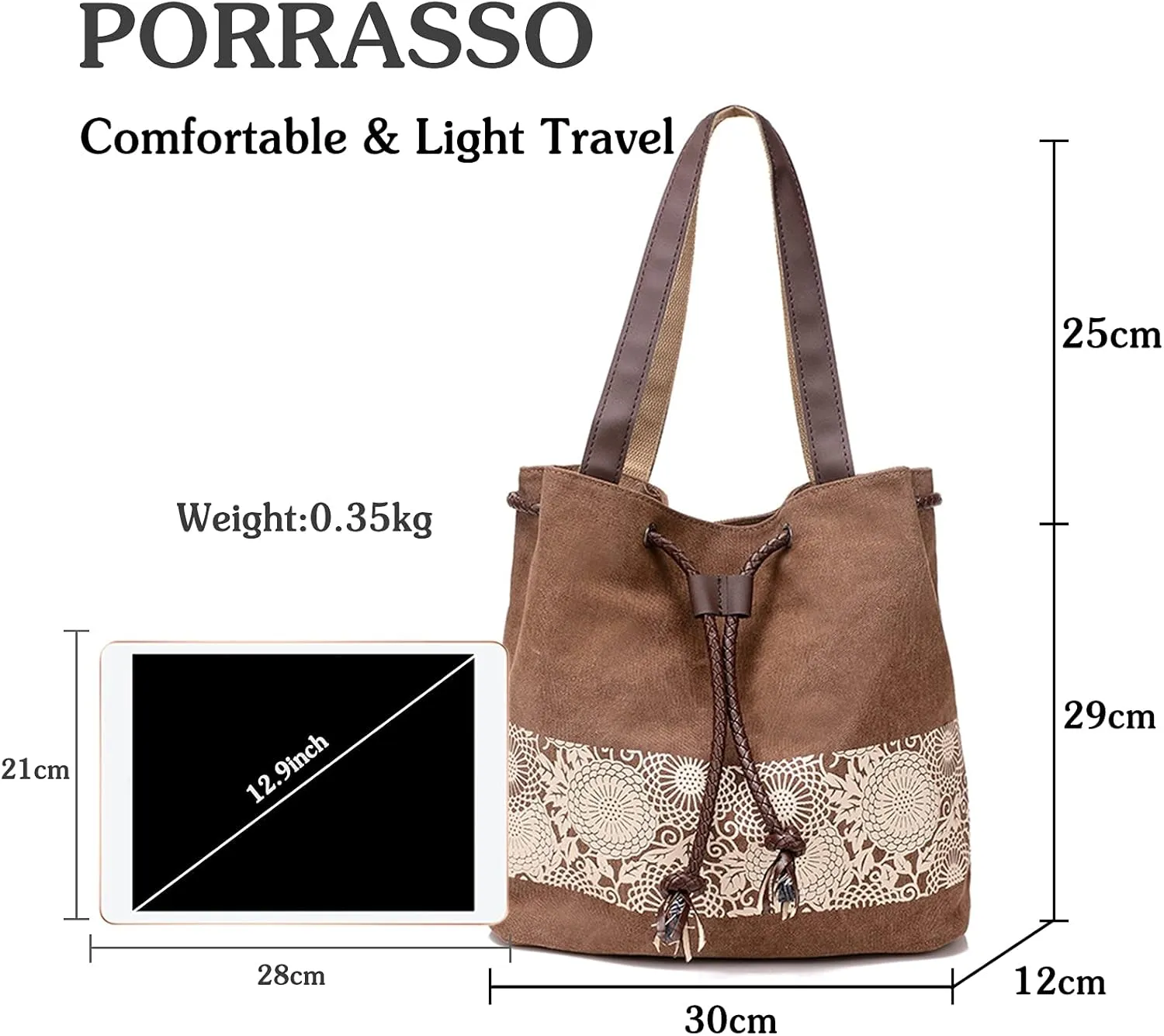 PORRASSO Women Shoulder Bag Canvas Tote Bag Retro Drawstring Bucket Bag Ladies