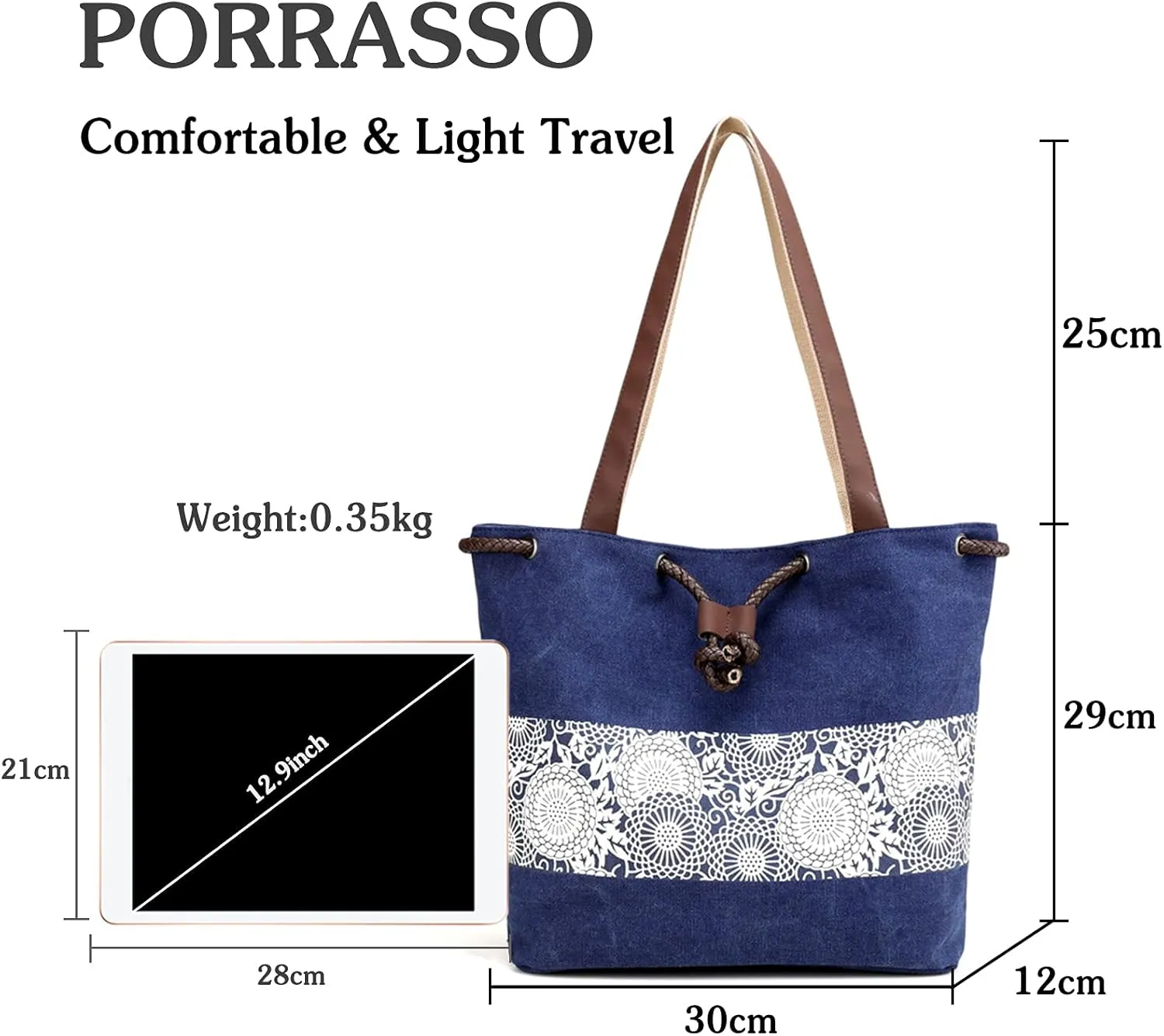 PORRASSO Women Shoulder Bag Canvas Tote Bag Retro Drawstring Bucket Bag Ladies