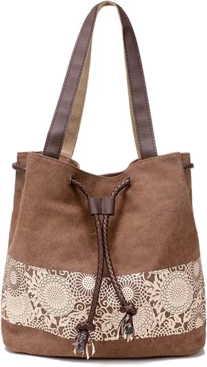 PORRASSO Women Shoulder Bag Canvas Tote Bag Retro Drawstring Bucket Bag Ladies