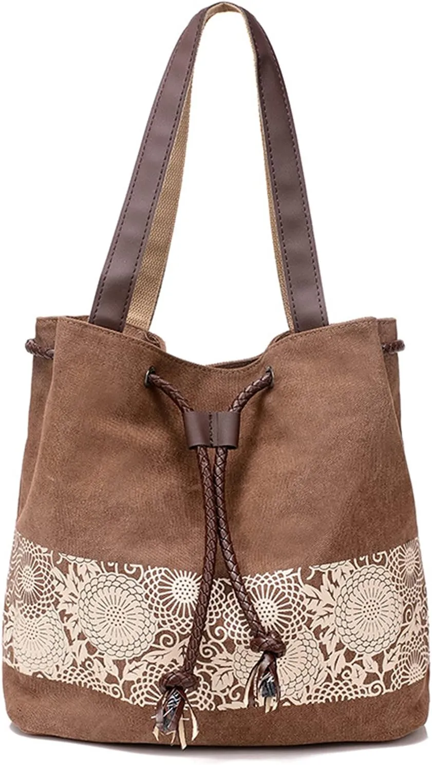 PORRASSO Women Shoulder Bag Canvas Tote Bag Retro Drawstring Bucket Bag Ladies