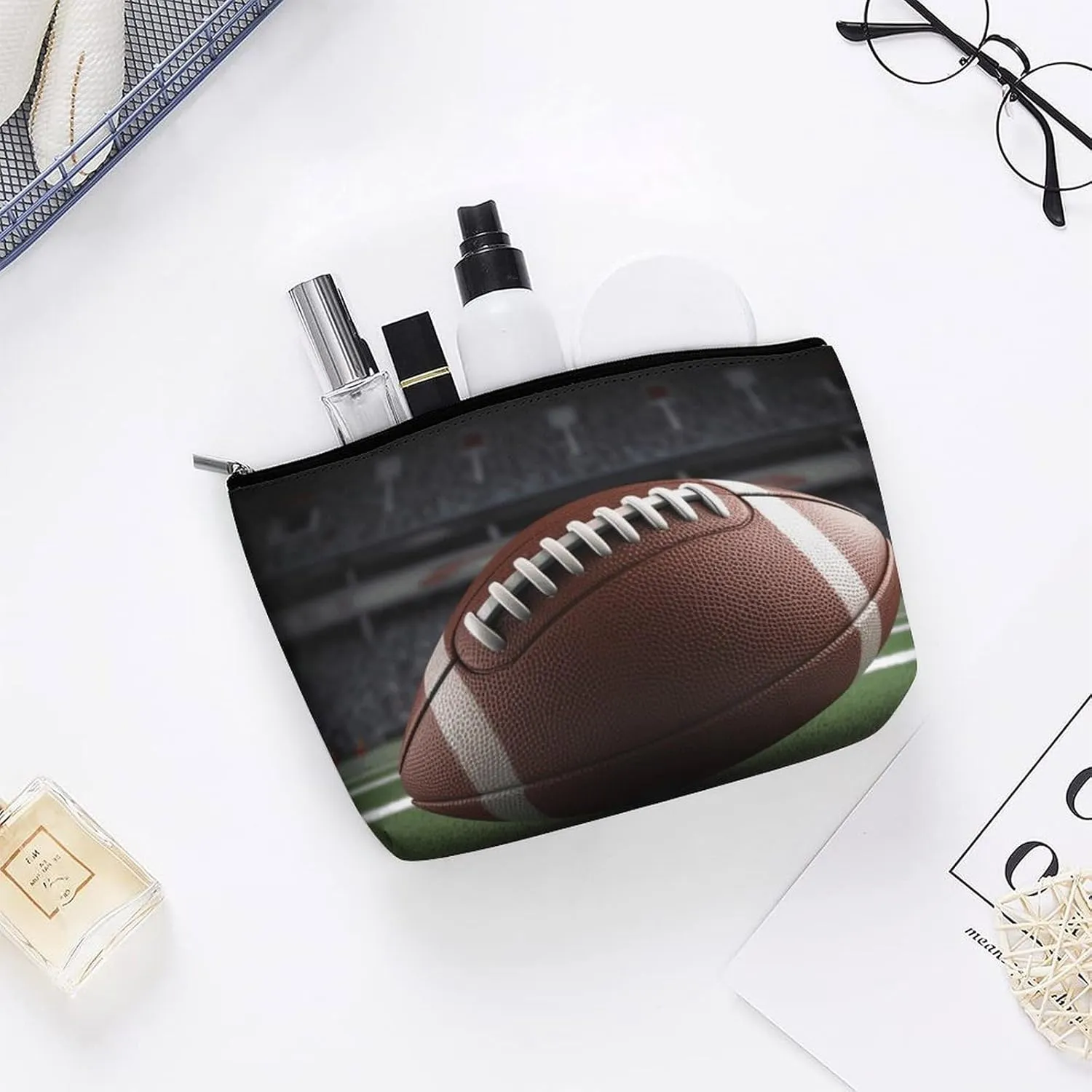 Portable Small Cosmetic Bag Cute Travel Makeup Bag American Football Waterproof Toiletry Bag for Women