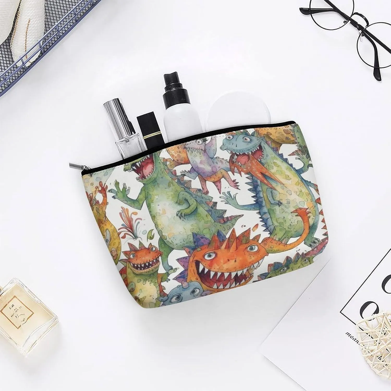 Portable Small Cosmetic Bag Cute Travel Makeup Bag Chaotic Colorful Monsters Waterproof Toiletry Bag for Women