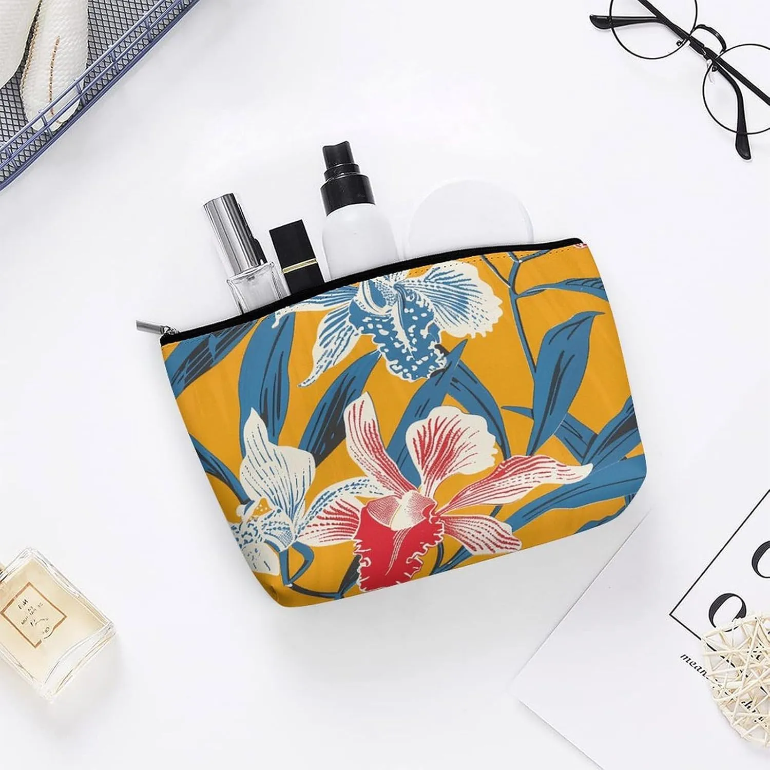 Portable Small Cosmetic Bag Cute Travel Makeup Bag Mustard Yellow Pattern Waterproof Toiletry Bag for Women