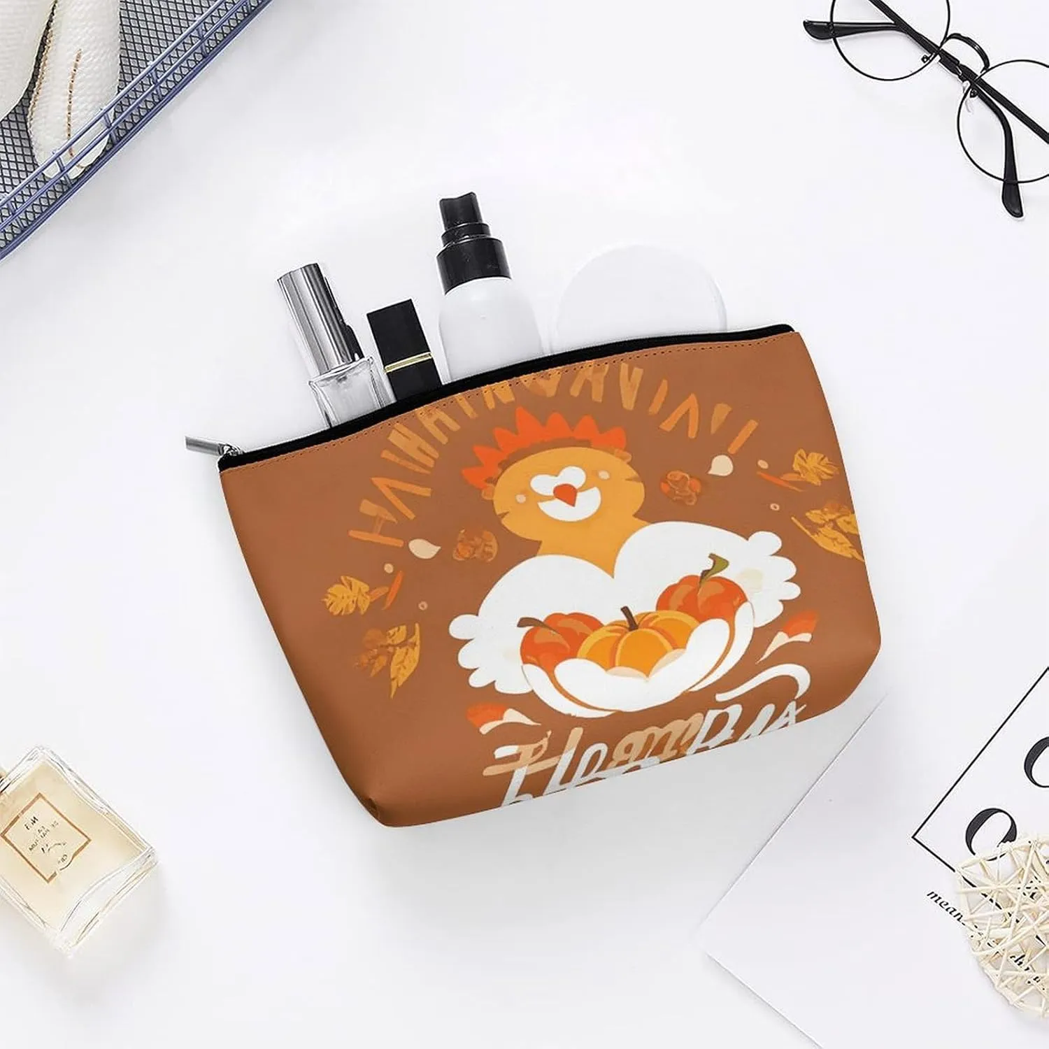 Portable Small Cosmetic Bag Cute Travel Makeup Bag Thanksgiving Day Waterproof Toiletry Bag for Women