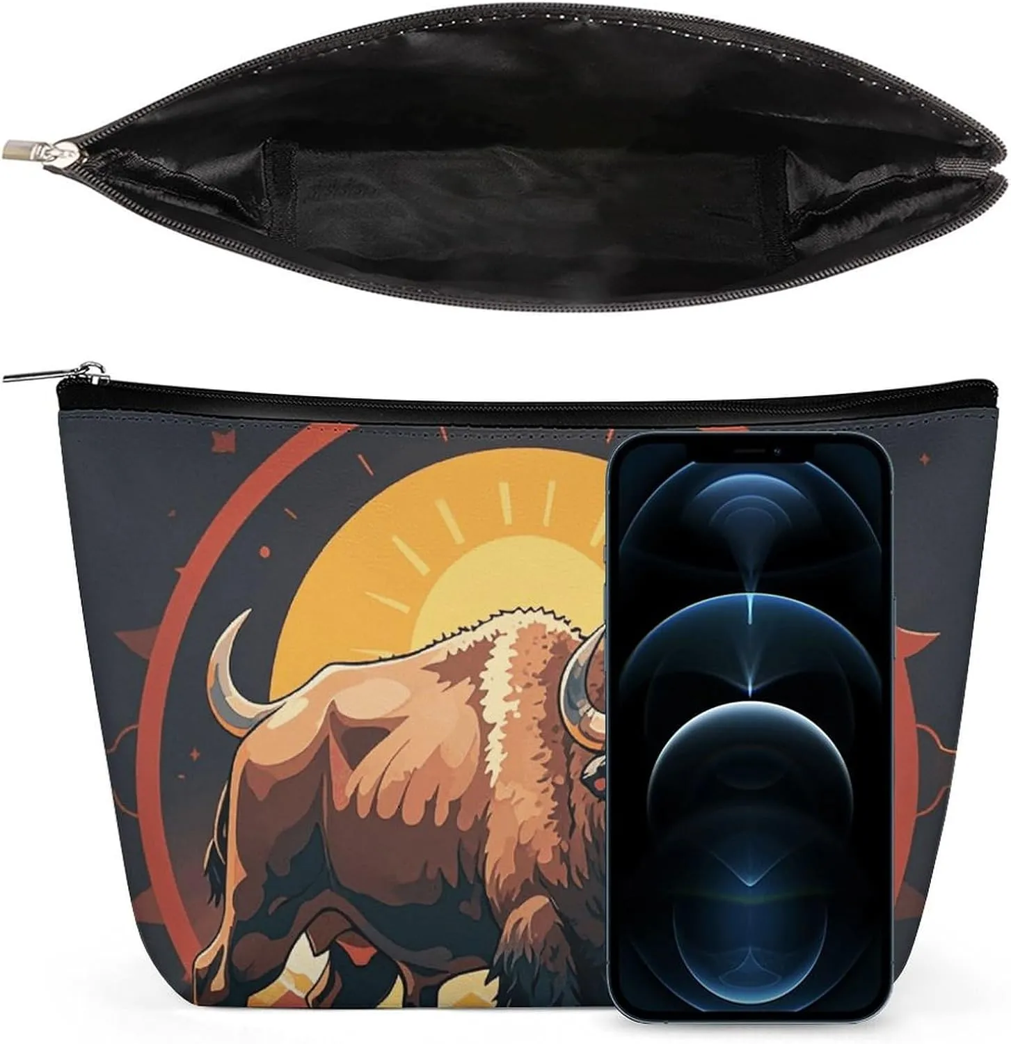 Portable Small Cosmetic Bag Cute Travel Makeup Bag Wild American Bison Mountains Waterproof Toiletry Bag for Women