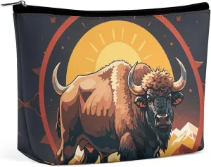 Portable Small Cosmetic Bag Cute Travel Makeup Bag Wild American Bison Mountains Waterproof Toiletry Bag for Women