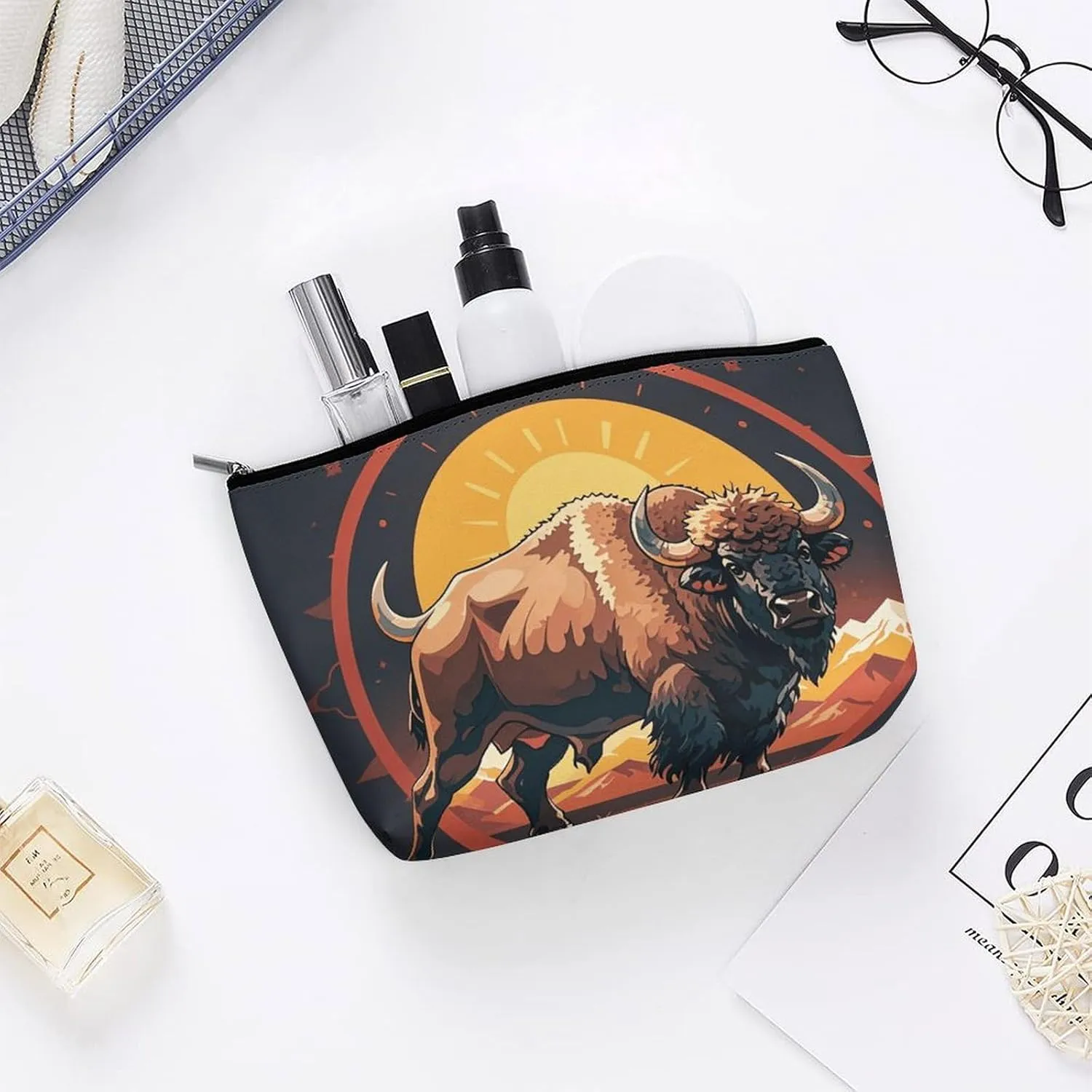 Portable Small Cosmetic Bag Cute Travel Makeup Bag Wild American Bison Mountains Waterproof Toiletry Bag for Women