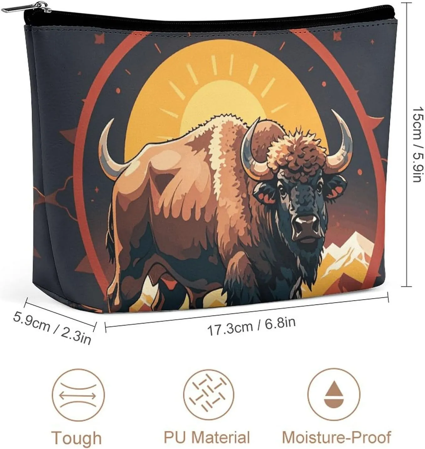 Portable Small Cosmetic Bag Cute Travel Makeup Bag Wild American Bison Mountains Waterproof Toiletry Bag for Women
