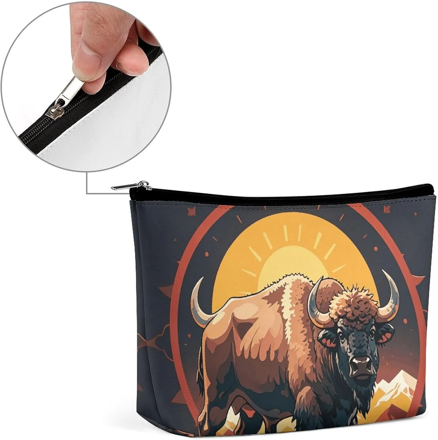 Portable Small Cosmetic Bag Cute Travel Makeup Bag Wild American Bison Mountains Waterproof Toiletry Bag for Women
