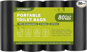 Portable Toilet Bags for Camping｜80 Liners Toilet Replacement Bags ｜ 100% Compostable & Biodegradable, 8 Gallon Thickened Bucket Liner for Outdoor Boating Trip, Trash Bags Plastic Free