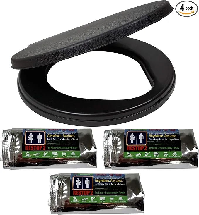 Portable Toilet Seat Lid Bundle with (3) Restop2 Disposable Toilet Bags - for Emergencies and Camping, fits 5 Gallon Bucket (Lid and 3 Restop2 Bags)