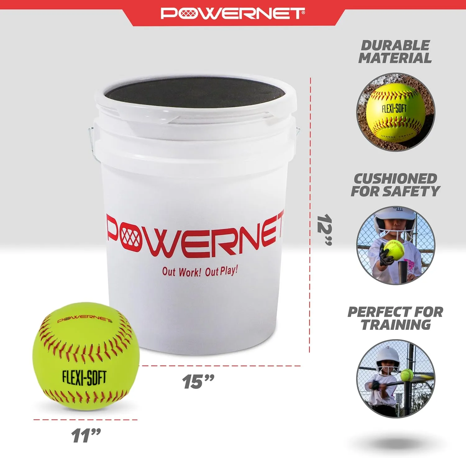 PowerNet Softball Batting Practice Equipment - Bucket of 11" & 12" Softballs, Weighted & Flexi Balls, Crushers