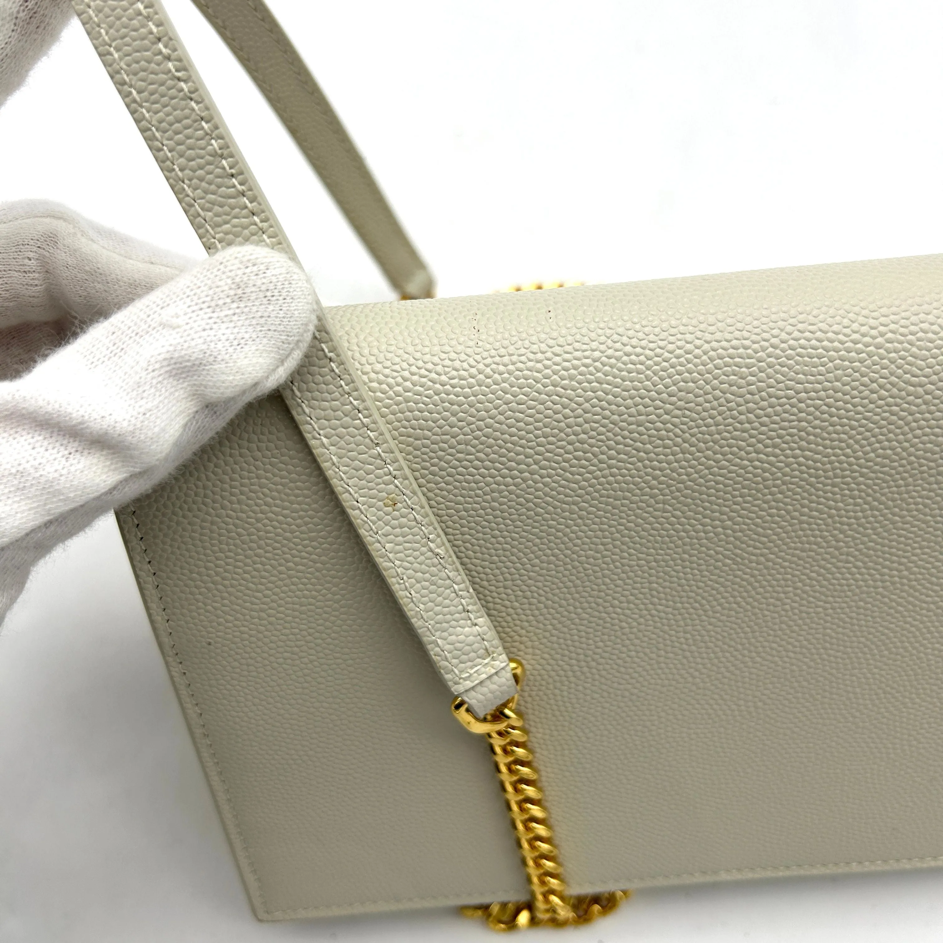 Pre-owned SAINT LAURENT Grain De Poudre Small Classic Monogram Kate Tassel Satchel Crema Soft WD255108