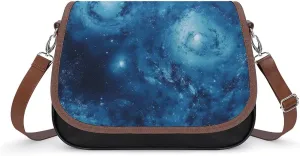 PU Leather Crossbody Bag,Blue Universe Space Galaxy Print Shoulder Bag,Flapover Crossbody Bag