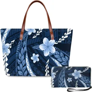 PU Leather Purse Samoan Polynesian Tribal Large Capacity Tote Bag Shoulder Bags Wallet Set 2pcs Shoulder Bags